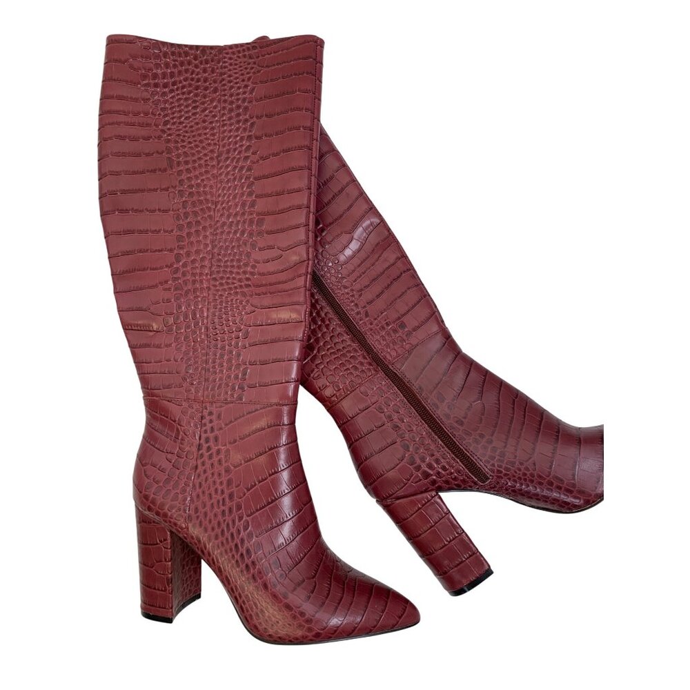 Baylee 6 Burgundy Crocodile Embossed Knee High Boots Zip Chunky Heel Point Toe
